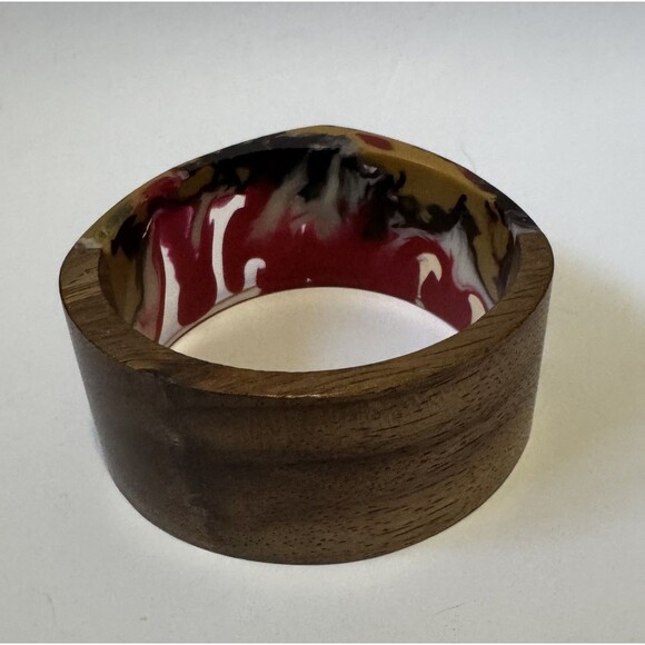 Vintage Resin Wood Chunky Statement Boho Bangle Bracelet Angular Inlay - Picture 8 of 12